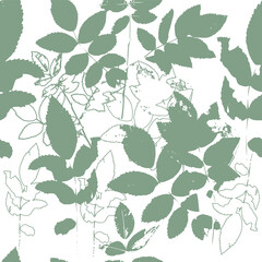 Green seamless background twigs and leaves. Rose leaves. Vector illustration