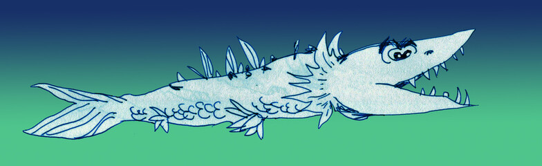 Pike fish underwater. Drawing in a cartoon style.