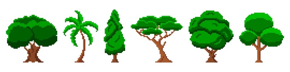 Green pixel trees in garden. Bulky solid oak with tropical palm and tall pine. Abstract savanna baobab with ancient branchy cedar. Retro 8bit graphics for pc games and vector presentations - obrazy, fototapety, plakaty