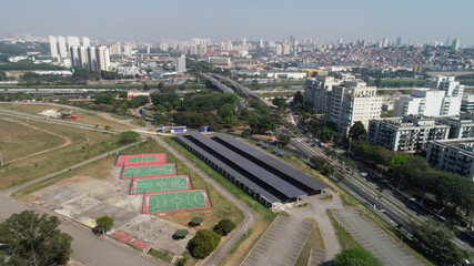 Solar panels in S&atilde;o Paulo, in the Pinheiros region. In Villa Lobos park. Sustainable energy