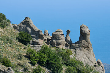 These bizarre forms were formed from rocks as a result of weathering processes on the Crimean coast. Demerdzhi mountain range.