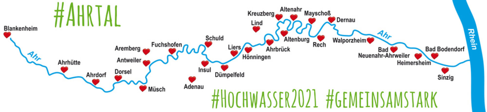 Fluss Ahr durch das Ahrtal, Landkarte, Karte mit Ortschaften, Hochwasser 2021