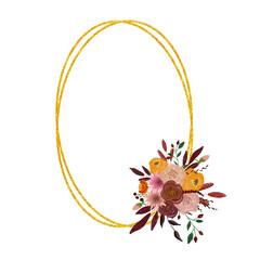 Autumn gold frame. Composition for decoration. Flowers for design and decoration. Drawing for postcards and invitations. Birthday. School. Wedding design element.