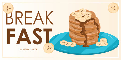 Promo banner with pancakes, chocolate and bananas. Healthy eating, nutrition, diet, cooking, breakfast menu, fresh food concept. Vector illustration for banner, flyer, poster. - obrazy, fototapety, plakaty