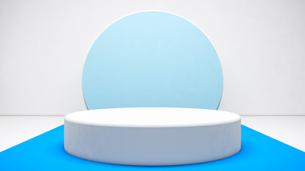 Cylinder podium or Round stage. Isolated blank stand for showing product on blue background. 3D rendering with minimal empty white podium scene for product presentation