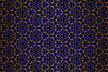 3d volumetric convex embossed geometric dark blue background with ethnic gold pattern, openwork arabesque. Oriental, Asian, Indian ornament for design and decoration.