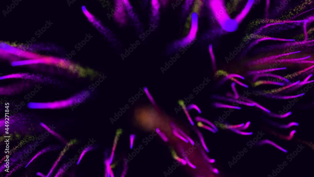 Poster magic purple particles form beatuful trails. 3d render abstract colorful trails like from explosion 