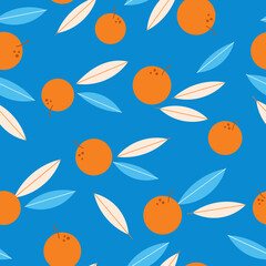 Seamless pattern design with oranges and leaves on blue background.
