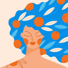 Portrait of pretty modern young woman with oranges and leaves in her hair. Summer season fruit concept. Hand drawn girl cartoon character colorful vector illustration.
