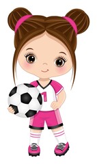 Cute Little Brunette Girl Holding Soccer Ball. Vector Girl with Football Ball