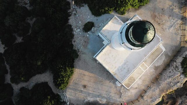 Top Down Aerial Zoom Out Shot Of Cape Of Ducato At Greek Island Lefkada In Ionian Sea.