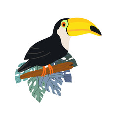 Cute cartoon toucan bird on branch. Vector stock illustration for invitations, card, poster. Summer exotic print. Tropical toucan icon with floral palm leaves.