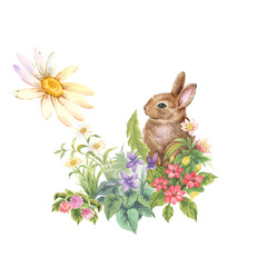 Hand-painted watercolor rabbits, butterflies and various flowers © Zhang