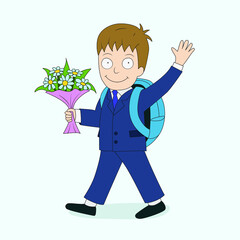 A joyful schoolboy goes to school after vacation. Vector picture