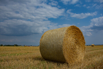 Haystacks are collected from the field in summer against the background of the sky with clouds.