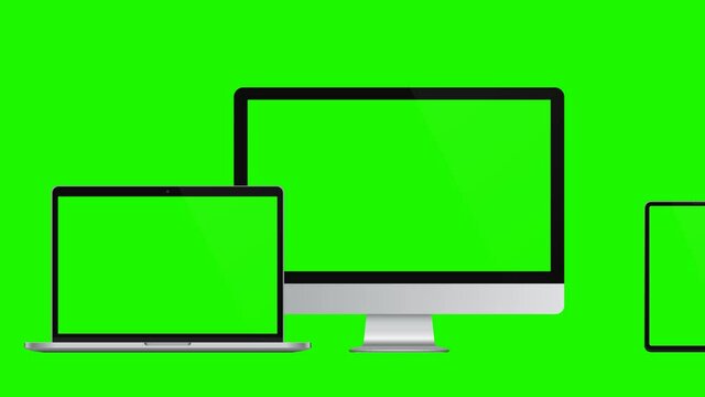 Modern devices mockups: PC, laptop, tablet computer, smartphone with green screens. 4K animation for presentation on mockup screen
