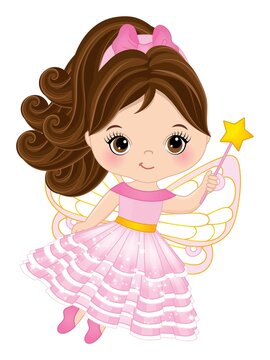 Cute Brunette Fairy Girl in Pink Dress Holding Magic Wand. Vector Little Fairy