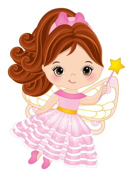 Cute Redheaded Fairy Girl in Pink Dress Holding Magic Wand. Vector Little Fairy