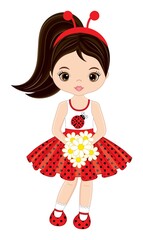 Vector Beautiful Girl Wearing Ladybug Antenna Headband and Holding Bunch of Flowers