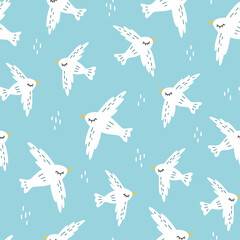 Seamless repeat pattern of flying white birds. Pattern with birds on the background of the sky.
