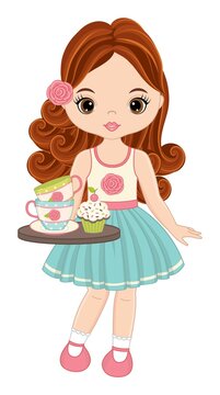 Vector Beautiful Young Girl Holding Tray with Tea Cups and Cupcake
