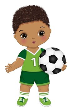 Cute Little Soccer Boy Holding Ball. Vector Soccer Boy with Ball