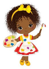 Little Black Girl with Palette and Paint Brush. Vector Little Artist