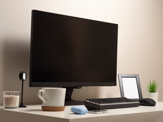 Computer with a wireless keyboard and a wireless mouse on a white table with a black clock a photo frame a mobile phone a white cup of coffee