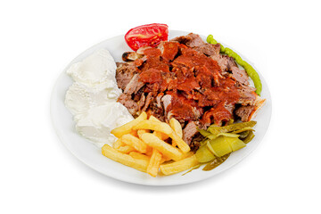 meat doner menu, iskender menu on plate, turkish special meat doner, food, special menu, on white background