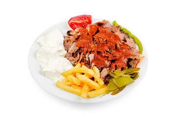 İstanbul meat doner menu, iskender menu on plate, turkish special meat doner, food, special menu, on white background