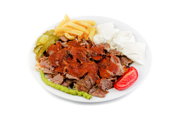 istanbul meat doner menu, iskender menu on plate, turkish special meat doner, food, special menu, on white background