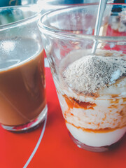 Breakfast with soft-boiled eggs and vintage coffee