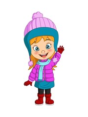 Cartoon little girl wearing winter clothes waving hand