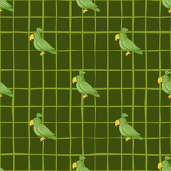 Animal decorative seamless pattern with doodle parrot elements. Green chequered background.