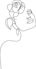 Line Drawing. Abstract face with flowers by one line drawing. Modern continuous line art. Women line art.