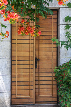 Old Fashioned Wooden Door Made From Horizontal Narrow Planks And Beautiful Orange Flowers Above.