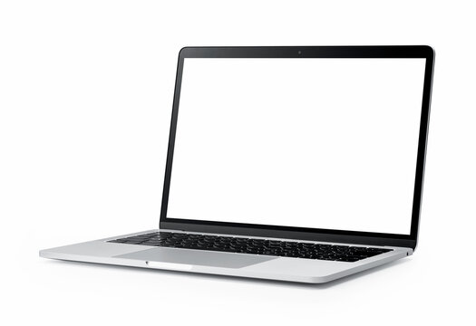A white background with a laptop, an empty screen, and a silver aluminum body.