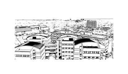 Building view with landmark of Irvine is the 
city in California. Hand drawn sketch illustration in vector.