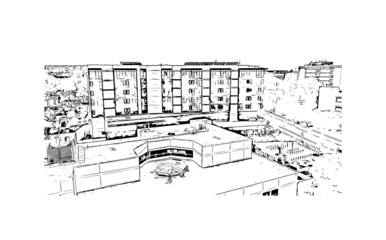 Building view with landmark of Irvine is the 
city in California. Hand drawn sketch illustration in vector.