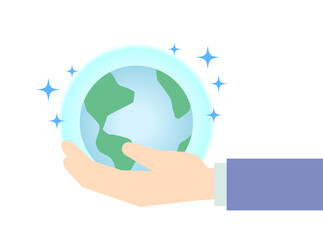 手の上で青く光る地球のイラスト