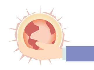 手の上で赤く爆発しそうな地球のイラスト