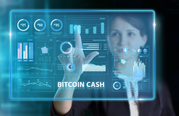 Obraz premium Business, Technology, Internet and network concept. Young businessman working on a virtual screen of the future and sees the inscription: Bitcoin cash