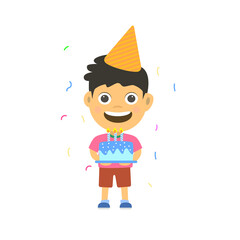 Cute holding birthday cake vector illustration isolated on white background