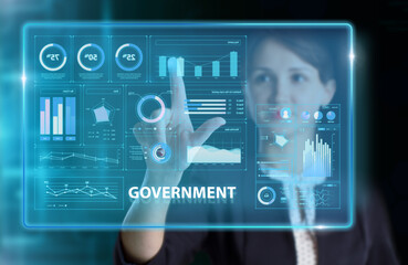 Business, Technology, Internet and network concept. Young businessman working on a virtual screen of the future and sees the inscription: Government
