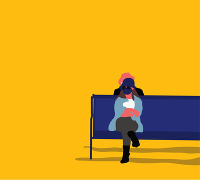 Woman with medical mask due to coronavirus sitting on a bench in a public park.