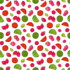 Seamless background with strawberries and limes. Berries and citrus fruits. The illustration is hand-drawn in watercolor.