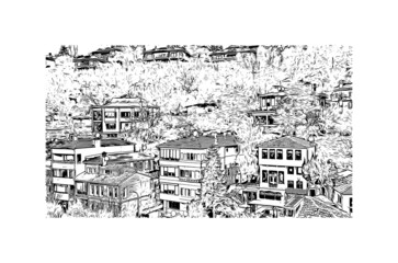 Building view with landmark of Istanbul is a major city in Turkey. Hand drawn sketch illustration in vector.