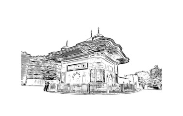 Building view with landmark of Istanbul is a major city in Turkey. Hand drawn sketch illustration in vector.