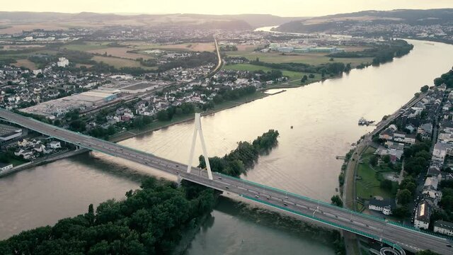 Aerial view of Raiffeisenbrucke bridge between Neuwied and Wei&szlig;enthurm across Rhine river, Germany.