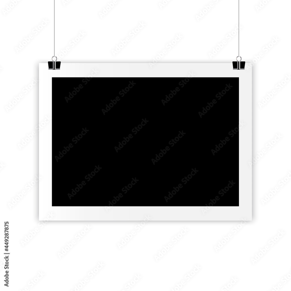Poster retro frames on clips. camera icon. photo frame. empty snapshot frame template. vector illustration.